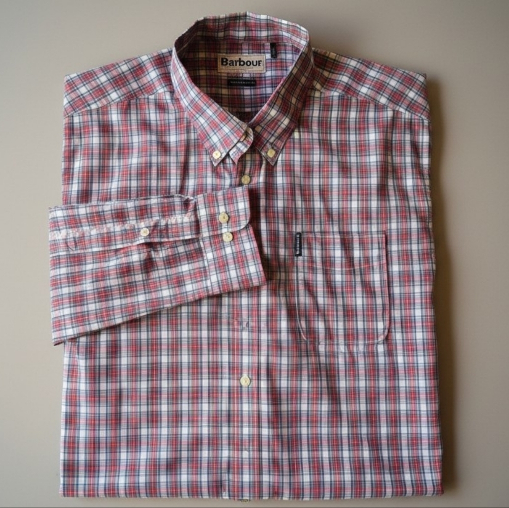 Barbour Tailored Fit Plaid Tartan Long Sleeve Cotton Button Up Shirt Large